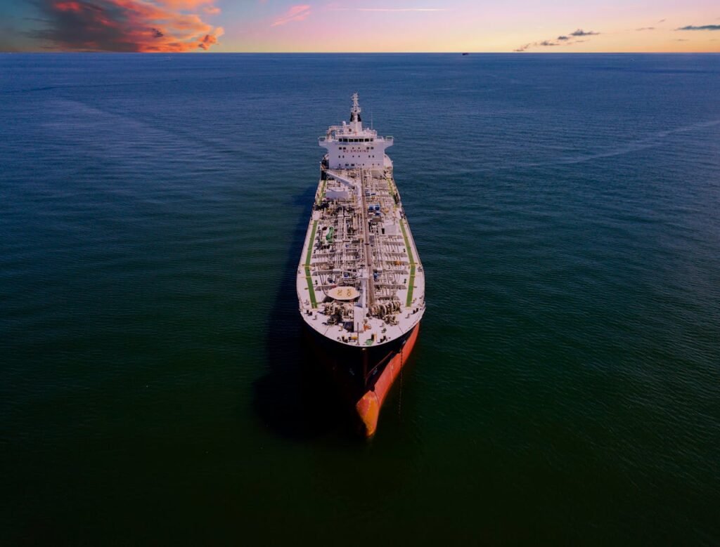Aerial view of oil tanker at sea — India-US energy insurance talks, Strait of Hormuz risk